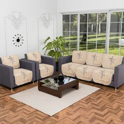 Kuber Industries Cream-Coloured & Grey 10 Pieces Printed 5-Seater Sofa Covers-5