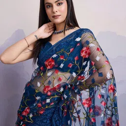 HERE&NOW Floral Embroidered Net Saree-image-88