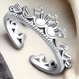 Okos Rhodium-Plated Cubic Zirconia-Studded Princess Crown Adjustable Finger Ring-13