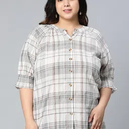 Oxolloxo Plus Size Women Off White & Grey Checked Mandarin Collar Shirt Style Top-9