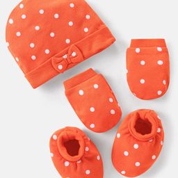 Bonfino100% Cotton Polka Dot Print With Bow Applique Cap Mittens & Booties Set Orange- Diameter 11.5 cm-picture-26