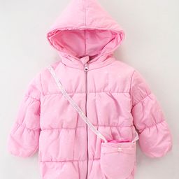 Little Kangaroos Taffeta Full Sleeves Solid Quilted Winter Jacket With Bag - Pink-image-5