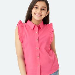 Olele Sleeveless Cotton Linen Ruffled Solid Colour Shirt - Red-image-26