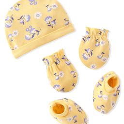 Babyhug 100% Cotton Knit Cap Mittens & Booties Set Floral Print- Yellow-image-78