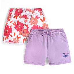 Honeyhap Premium 100% Cotton Looper Knit  with Bio Finish Mid Thigh Length Shorts Floral & Text Print Pack of 2 - Lavender & White-picture-27