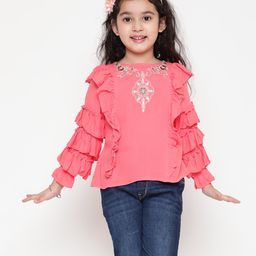 ISHTI Frill Sleeves  Floral Embroidered Top - Peach-image-35