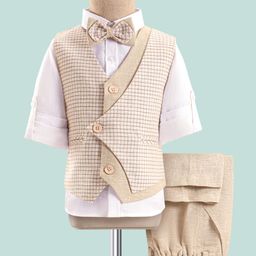 Robo Fry Linen Full Sleeves Checks 3 Pieces Party Suit with Bow - White & Beige-image-88