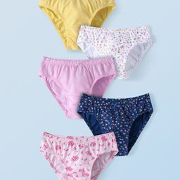 Honeyhap Premium Cotton Elastane Knit with Bio Finish Panties Floral & Polka Dot Print Pack of 5 -Bright White & Cream Puff & Navy Peony & Popcorn & Barely Pink-image-83