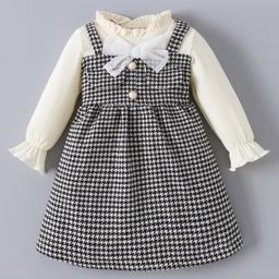 Kookie Kids Full Peasant Sleeves Checkered Frock With Bow Applique - Black-image-75