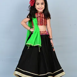 Aglare Navratri Theme Cotton Sleeveless Mirror Embroidered & Lace Embellished Lehenga Choli Set - Black-picture-4