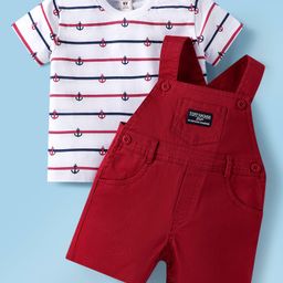 ToffyHouse Cotton Knit Half Sleeves T-Shirt & Dungaree with Anchor Print & Sripes - White & Maroon-picture-45