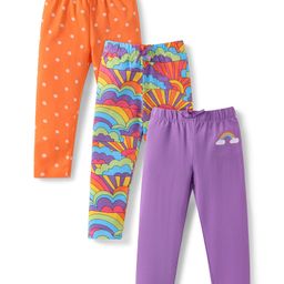 Babyhug Single Jersey Knit Full Length Leggings with Stretch Polka Dots & Rainbow Print Pack Of 3 - Orange & Purple-image-12