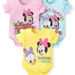 Babyhug Disney Interlock Knit Half Sleeves Onesies with Minnie Mouse Graphics & Frill Detailing Pack of 3 - Yellow Light Blue & Pink-image-55