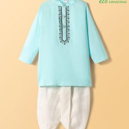 Babyoye Cotton Woven Full Sleeves Kurta Dhoti Set with Floral Embroidery - Light Blue & White-picture-11
