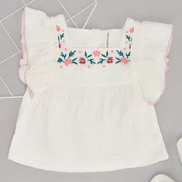 Pantaloons Baby Cotton Flutter Sleeves Floral Embroidered Top - White-picture-23
