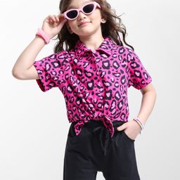 Ollington St. Cotton Leopard Printed Half Sleeves Shirt Top & Shorts Set - Dark Pink & Black-image-87