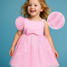 Babyhug Woven Half Sleeves Party Dress With Bow Corsage & Sequin Design- Pink-image-56
