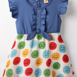 Dew Drops Cotton Woven Frill Sleeves Frock With Smiley Print - Blue-image-92