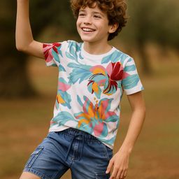 OLLINGTON ST. Cotton Knit Half Sleeves Floral Printed T-Shirt & Stretchable Denim Shorts - White & Indigo-image-94