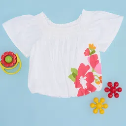 Pantaloons Junior Cotton Half Bell Sleeves Floral Printed Top - White-picture-31