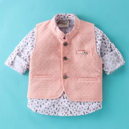 Dapper Dudes Full Sleeves Abstract Printed Shirt With Textured Waistcoat - Peach-image-59