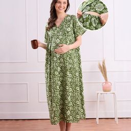 Bella Mama Cotton Woven Half Sleeves Maternity Nighty with Floral Print - Green-picture-29