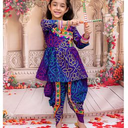 KID1 Cotton Woven Navratri Theme Three Fourth Sleeves Bandhani Designed Mirror Work Embellished Kurti Dhoti Set - Blue-picture-15