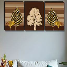 Aura Brown & Off White 3 Pieces Tree & Leafs Printed Wooden Wall Art-17