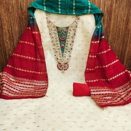 KALINI White Modal Cotton Butti With Coding Work Unstitched Dress Material image 2