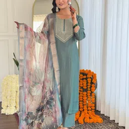 JAPNAAM Sequinnce Embellished Round Neck Kurta With Trousers & Dupatta-picture-0