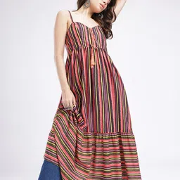 glitchez Striped Gathers Tie-Up Flared Hem A-Line Maxi Dress-image-54