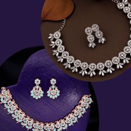DIVASTRI Set Of 2 Rose Gold-Plated & Silver-Plated American Diamond Studded Jewellery Set-image-12