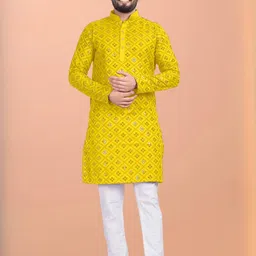 Shree Sundha Men Embroidered, Embellished Straight Kurta (Yellow)-picture-14