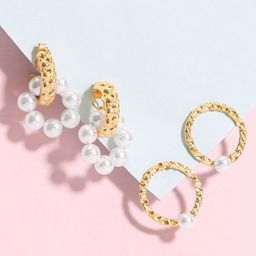 Rubans Set of 2 18K Gold-Plated Textured Hoops & Pearl-Accented Circular Earrings Set-5