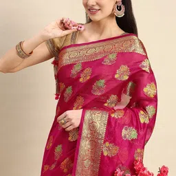 KIMISHA Ethnic Motifs Zari Organza Handloom Banarasi Saree-image-4