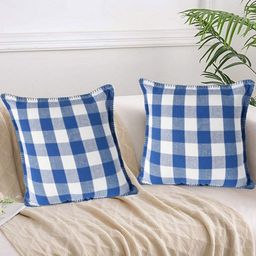 Lushomes Blue & White Set of 2 Checked Square Cushion Covers-56
