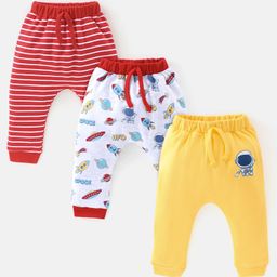 Babyhug Cotton Full Length Diaper Pants Stripes & Space Print Pack Of 3- Yellow Red & White-image-16