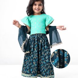 EARTHY TOUCH Cotton Knit Flutter Half Sleeves Floral Printed Choli & Lehenga With Dupatta - Green-image-14