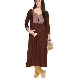 Mom for sure by Ketki Dalal Three Fourth Sleeves Scallop Design Floral Yoke Printed Maternity Kurta With Concealed Zipper Nursing Access - Coffee Brown-picture-1