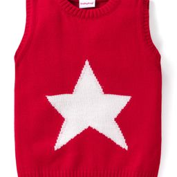 Babyhug Kitted Sleeveless Pullover Sweater with Star Design - Red-image-55