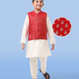 Earthy Touch Full Sleeves Cotton Satin Kurta Pyjama Set with Brocade Printed Jacket - Red & White-image-14
