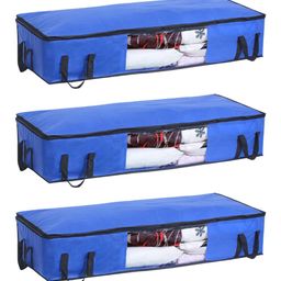 Prettykrafts Long Underbed Storage Bag, Storage Organizer, Blanket Cover with Side Handles set of 3 pcs , Royal Blue-20