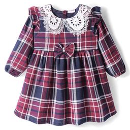 Kookie Kids Full Peasant Sleeves Checkered Collared Frock with Bow & Lace Detailing - Dark Red-image-70