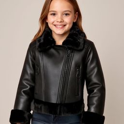 Pine Kids Woven Full Sleeves Leather Jacket With Fur Detailing - Black-image-34