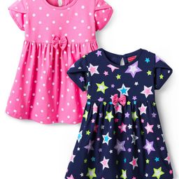 Babyhug Single Jersey Knit Half Sleeves Star & Polka Dot Printed Dresses With Bow Applique Pack of 2 - Navy Blue & Pink-image-94