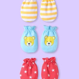 Babyhug CottonKnit Mittens With Stripes Bear & Star Print Pack of 3 -Yellow Light Blue & Red-image-6