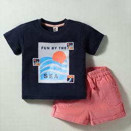 ToffyHouse Knitted Half Sleeves T-Shirt & Shorts Set with Fun By the Sea Text Print - Navy Blue-image-69