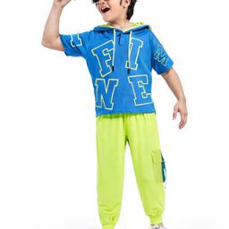 Ollington St. 100% Cotton Knit Half Sleeves Hooded T-Shirt & Joggers Set - Blue & Lime-image-15