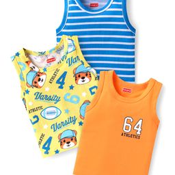 Babyhug 100% Cotton Knit Sleeveless Sandos With Stripes & Cub Print Pack of 3 - Blue Yellow & Orange-image-40