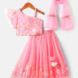 Babyhug Net Woven Off Shoulder Floral Sequenced Embroidered Choli Lehenga Set With and Dupatta - Pink-image-33